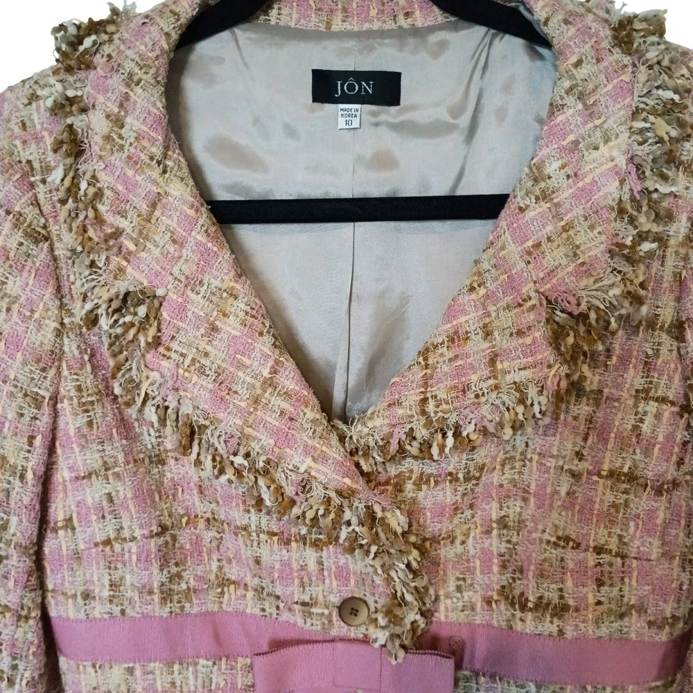 JÔN Pink Tweed Skirt Suit Set Jacket 10 Skirt 6 Fringe Trim‎ Bow